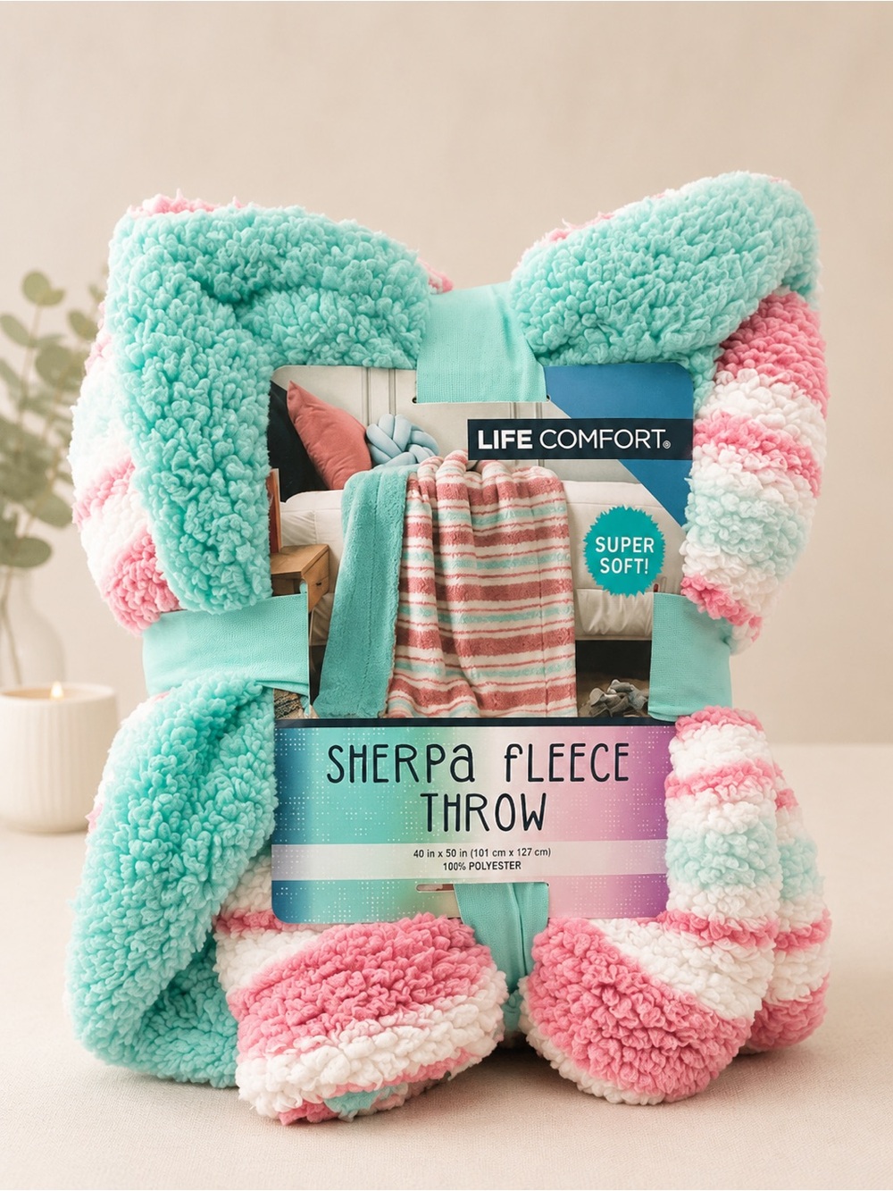 Plush Striped Sherpa Throw Blanket in Mint, Magenta & White 40” x 50”